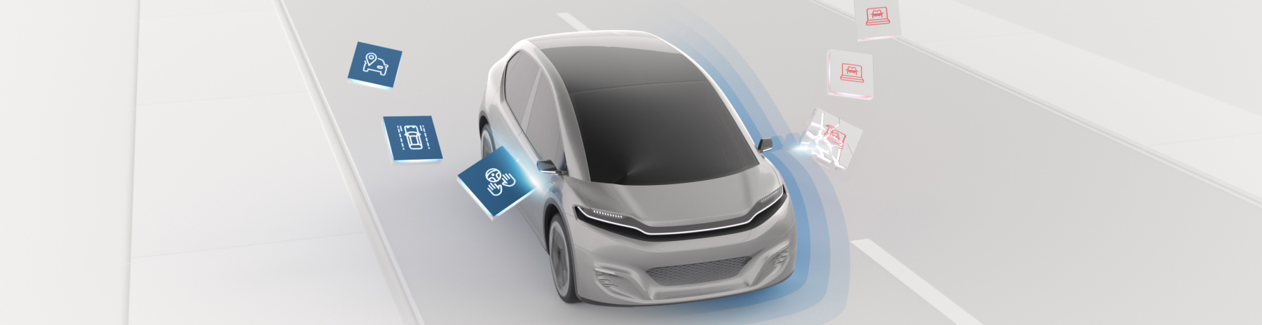 Front view of the Bosch concept vehicle in an abstract white environment, surrounded by software packages and a protective sign that prevents unauthorized access