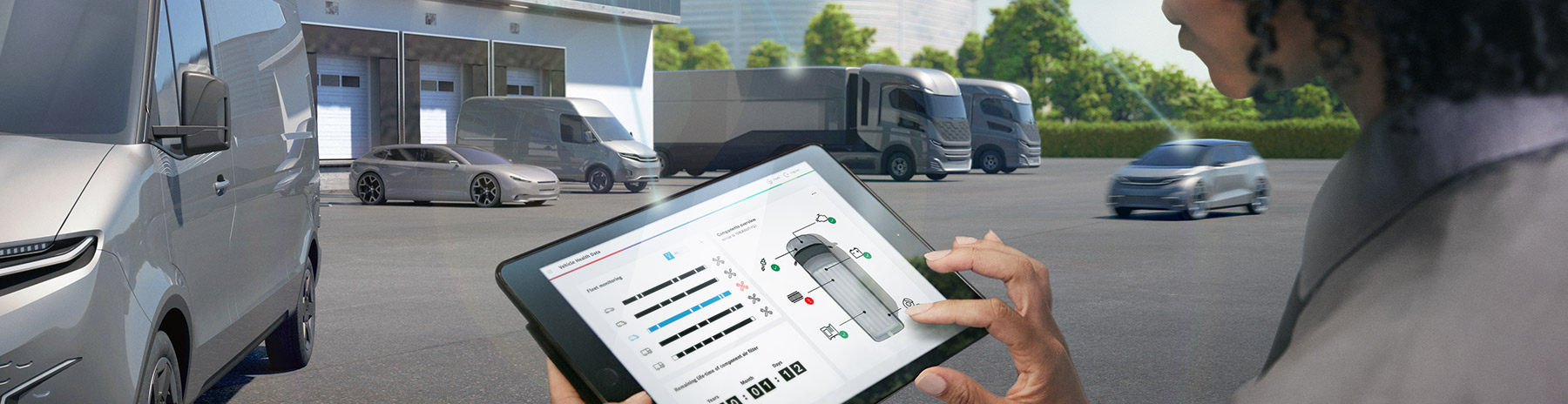 A woman stands outside a fleet hub looking at a tablet. The screen shows the current vehicle health condition of a light commercial vehicle, pictured nearby.