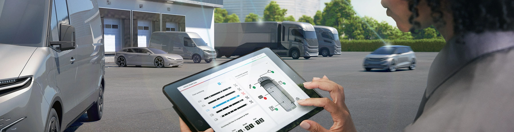 A woman stands outside a fleet hub looking at a tablet. The screen shows the current vehicle health condition of a light commercial vehicle, pictured nearby.