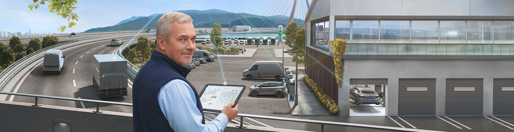 Flottenmanager überwachen eine Fahrzeugflotte, die Flottenmanagementlösungen darstellen.