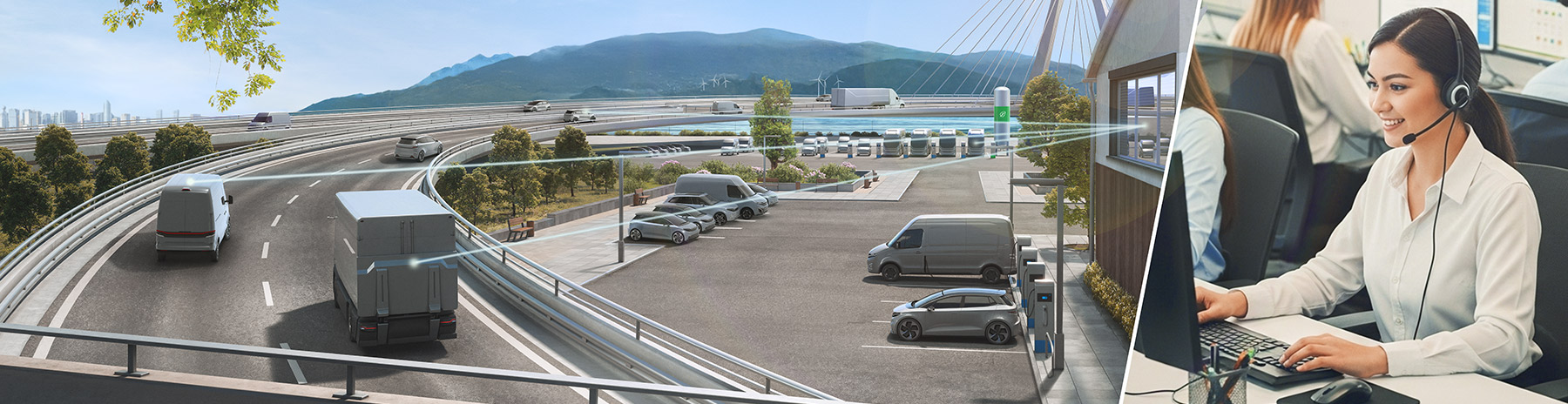 A fleet safety agent sits in a call center and speaks into a headset - representing active fleet risk management via real-time live support.
