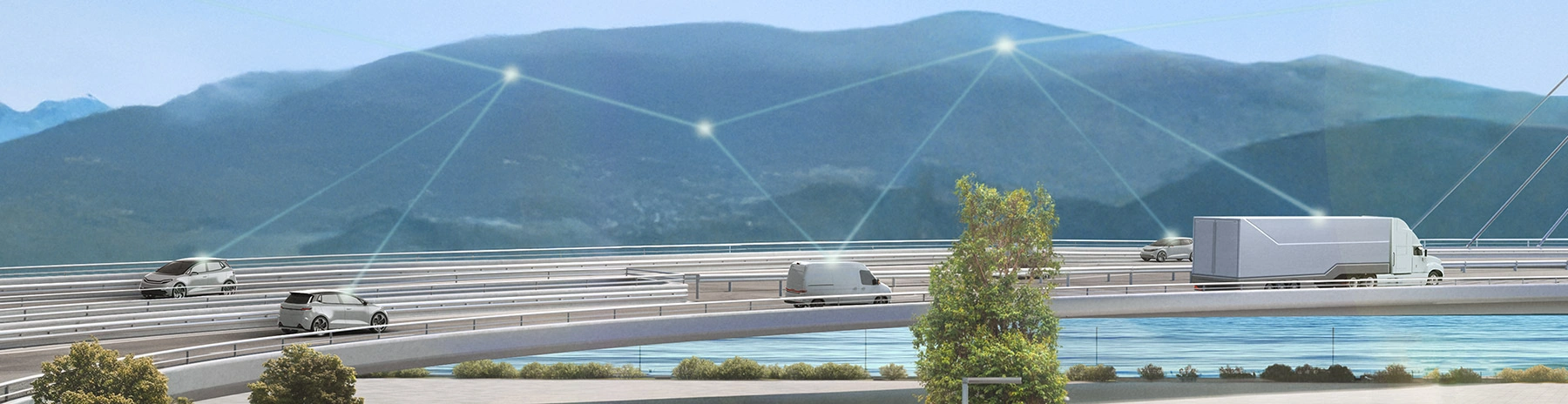Es wird eine Autobahnszene gezeigt. Eine digitale Überlagerung zeigt, wie die Fahrzeuge mit der Cloud verbunden sind.