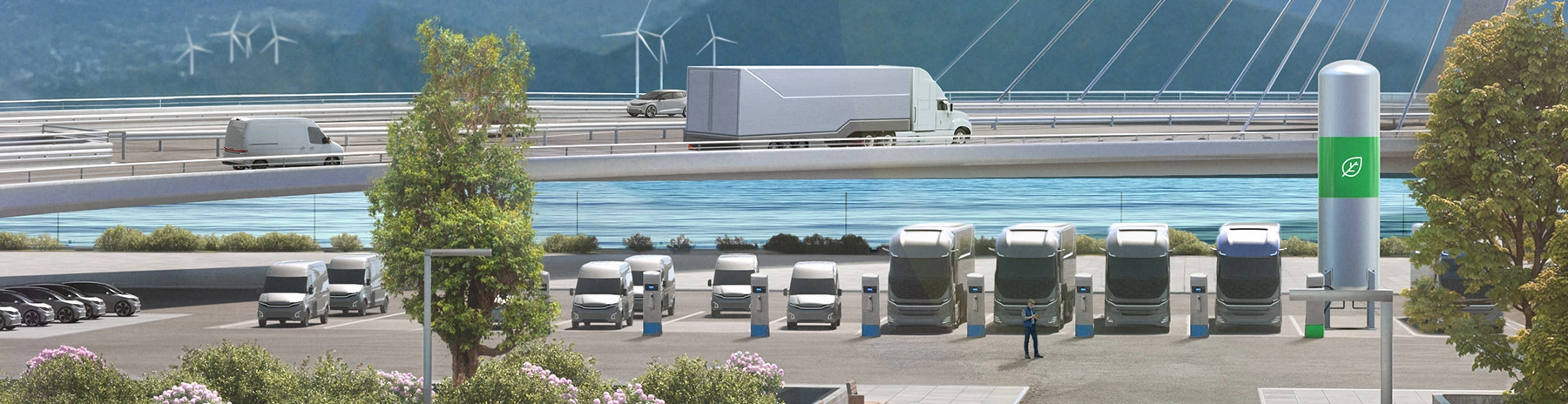 Elektrische Nutzfahrzeuge an einem Ladedepot und Windräder im Hintergrund symbolisieren eine nachhaltige Transportlösung.