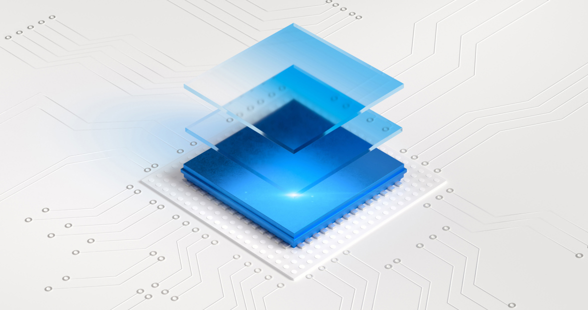 A technical graphic showing a simplified microchip, on which software layers are stacked