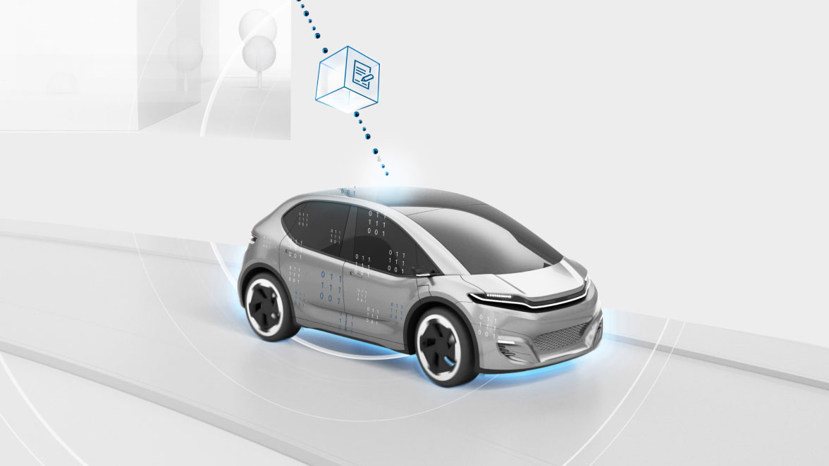 Computergeneriertes Bild eines Fahrzeugs, das auf einen Online-Dienst zugreift.