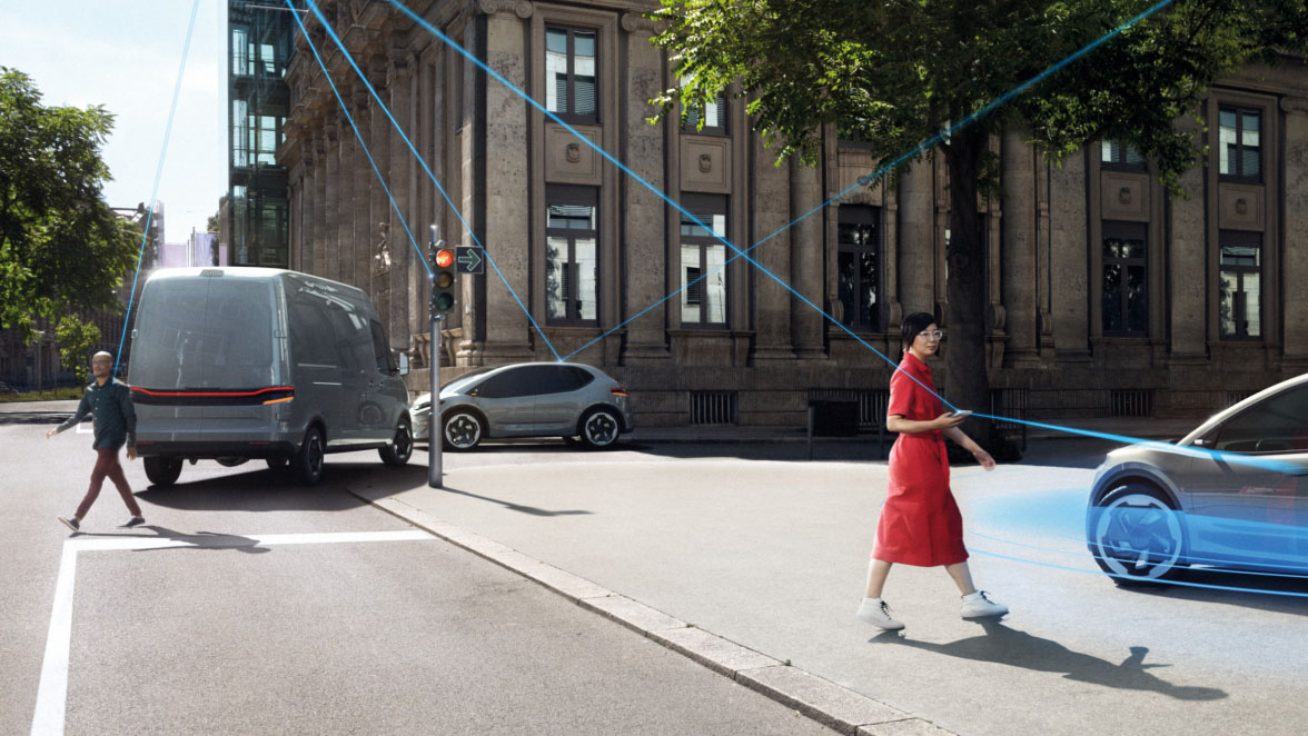 Szene einer Straßenkreuzung, Fahrzeuge, Passanten mit smart Devices und Infrastruktur sind durch Linien verbunden, die in den Himmel ragen.