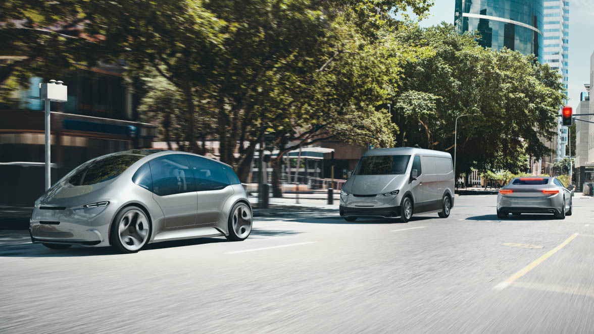 Urban street scene with different CGI passenger cars and light commercial vehicles