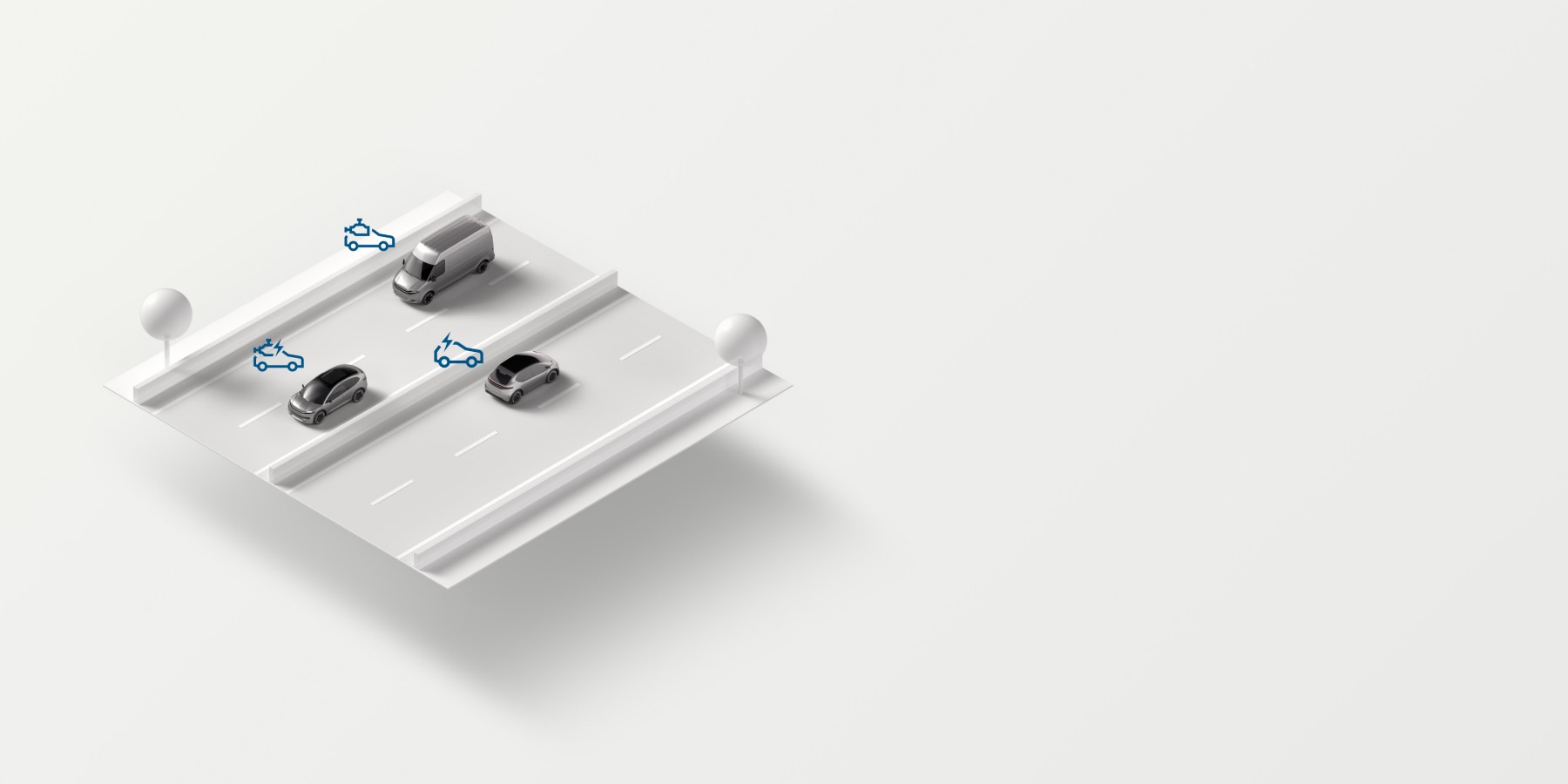 Abstrakte 3D-Visualisierung der Einsatzwecke von Bosch-Lösungen für Pkw und leichte Nutzfahrzeuge.