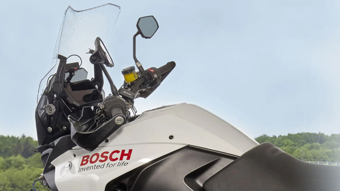 Close-up of a high-performance motorcycle with a sticker bearing the Bosch logo