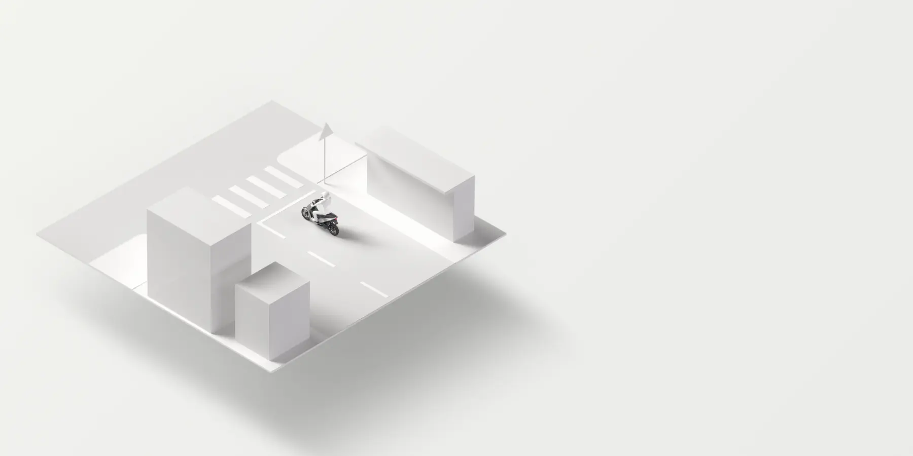 Abstract 3D visualization showing the applications of Bosch solutions in two-wheelers and powersports vehicles for overland and city traffic as well as for delivery services and leisure trips.